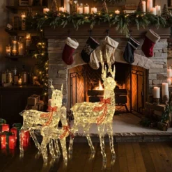 LuxenHome 3-Piece Deer Family Outdoor Holiday Decoration Set With Lights And Timer White, Red -Garden GUEST 84d61ad7 d328 4638 a1f6 80ddca1dc165