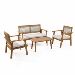 LuxenHome Outdoor Acacia Wood Rope Back 4-Piece Patio Seating With Cushions And Coffee Table Set -Garden GUEST 8a393c21 32b0 4239 981d a824e3d10a52