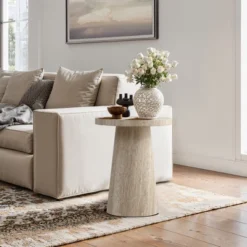 LuxenHome Stone Pattern Manufactured Wood 19.7-Inch Tall Round End And Side Table Beige -Garden GUEST 8bc7cbf4 8ce1 47ea 853b b5201f0ba3e4