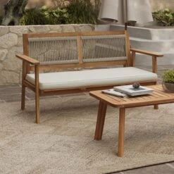 LuxenHome Outdoor Acacia Wood Rope Back Loveseat With Cushions And Coffee Table Set -Garden GUEST 8be79d4f 3920 4514 af16 013604b88080