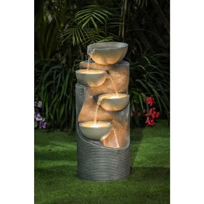 LuxenHome Modern Gray Cement Tiered Bowls Outdoor Fountain With Lights 5 LuxenHome Modern Gray Cement Tiered Bowls Outdoor Fountain With Lights - Image 3