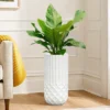 LuxenHome Tall MgO Planter, White Round Pot With Diamond & Fluted Texture