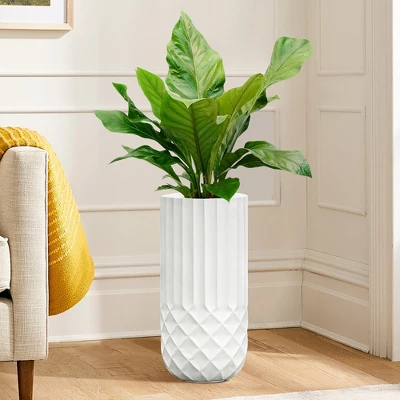 LuxenHome Tall MgO Planter, White Round Pot With Diamond & Fluted Texture 3 LuxenHome Tall MgO Planter, White Round Pot With Diamond & Fluted Texture