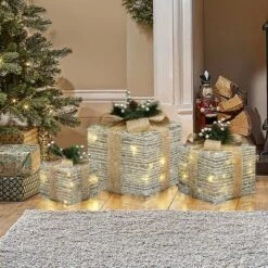 LuxenHome 3-Pc Lighted Silver Tinsel Gift Box Set With Champagne Ribbon, Outdoor Holiday Decoration Silver, Champagne, Green 12 LuxenHome 3-Pc Lighted Silver Tinsel Gift Box Set With Champagne Ribbon, Outdoor Holiday Decoration Silver, Champagne, Green -Garden GUEST 90b53fdd 7610 48f9 8be8 b37de64097c2