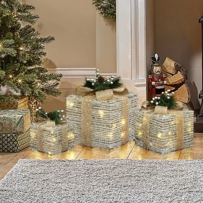 LuxenHome 3-Pc Lighted Silver Tinsel Gift Box Set With Champagne Ribbon, Outdoor Holiday Decoration Silver, Champagne, Green 5 LuxenHome 3-Pc Lighted Silver Tinsel Gift Box Set With Champagne Ribbon, Outdoor Holiday Decoration Silver, Champagne, Green - Image 3