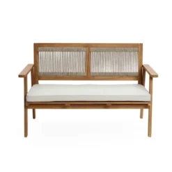 LuxenHome Outdoor Acacia Wood Rope Back Loveseat With Cushions And Coffee Table Set -Garden GUEST 9104fe11 0357 4fe2 ad6a 16963f8df878