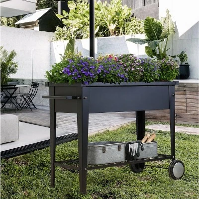 LuxenHome Black Mobile Metal Raised Garden Bed Planter Cart With Legs 3 LuxenHome Black Mobile Metal Raised Garden Bed Planter Cart With Legs