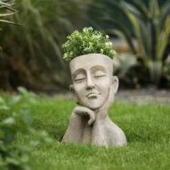 LuxenHome Speckled Beige MgO Thoughtful Bust Head Planter -Garden GUEST 96d7d34b ae59 4a61 aa6a 465ff56a6ba4