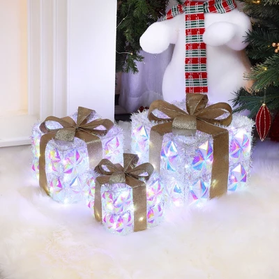 LuxenHome 3-Piece Prism Gift Boxes With Gold Ribbon Holiday Decoration With Lights Multicolored, Gold, White 4 LuxenHome 3-Piece Prism Gift Boxes With Gold Ribbon Holiday Decoration With Lights Multicolored, Gold, White - Image 2