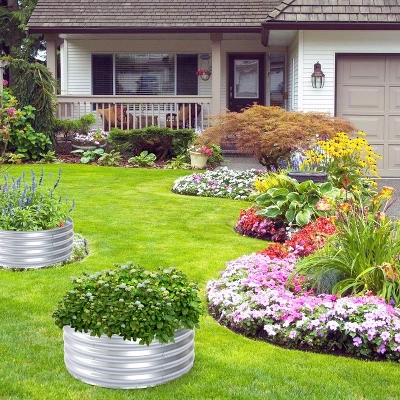 LuxenHome 36in Round Galvanized Steel Raised Garden Bed Planter 4 LuxenHome 36in Round Galvanized Steel Raised Garden Bed Planter - Image 2