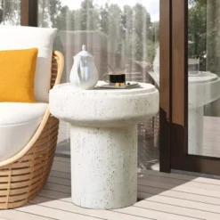 LuxenHome Off White MgO Round 18.5-Inch Tall Side Table, Indoor And Outdoor Off-White