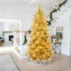 LuxenHome 7.5Ft Pre-Lit Gold Tinsel Artificial Pine Tree With Metal Stand -Garden GUEST 9a15715f 66c7 4691 9381 01822da7205c