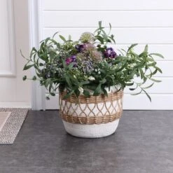 LuxenHome Boho MgO Planter – White Round Pot With Brown Accents & Drainage Hole -Garden GUEST 9ae072da 3577 4a3f 97ca cf540218035d
