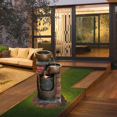 LuxenHome 23" H Bowls And Bricks Resin Outdoor Fountain With Lights Brown 6 LuxenHome 23" H Bowls And Bricks Resin Outdoor Fountain With Lights Brown - Image 4