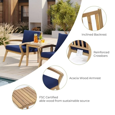 LuxenHome Outdoor Acacia Wood Side Table And Set Of 2 Armchairs With Blue Cushions 9 LuxenHome Outdoor Acacia Wood Side Table And Set Of 2 Armchairs With Blue Cushions - Image 7