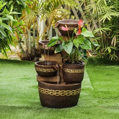 LuxenHome Brown Resin Tiered Bowls And Pot Outdoor Fountain 3 LuxenHome Brown Resin Tiered Bowls And Pot Outdoor Fountain