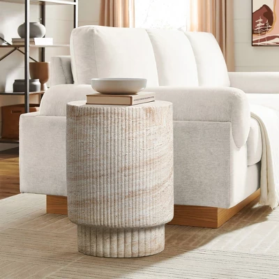 LuxenHome Travertine-Style Round Ribbed MgO Side Table Multicolored 4 LuxenHome Travertine-Style Round Ribbed MgO Side Table Multicolored - Image 2