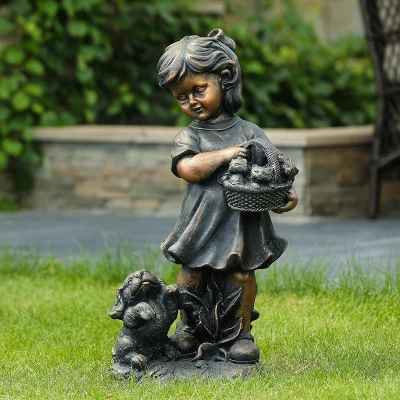LuxenHome 23.31" Bronze MgO Girl Holding Basket Of Kittens With Puppy Garden Statue 3 LuxenHome 23.31" Bronze MgO Girl Holding Basket Of Kittens With Puppy Garden Statue
