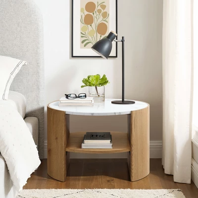 LuxenHome Natural Finish Manufactured Wood 23.6-Inch Round Coffee Table With Faux Marble Top Brown 5 LuxenHome Natural Finish Manufactured Wood 23.6-Inch Round Coffee Table With Faux Marble Top Brown - Image 3