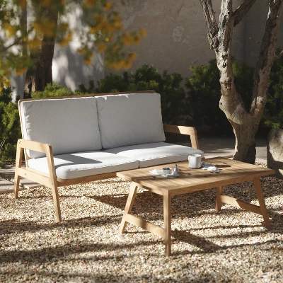 LuxenHome Outdoor Acacia Wood Coffee Table And Loveseat With Cushions 3 LuxenHome Outdoor Acacia Wood Coffee Table And Loveseat With Cushions