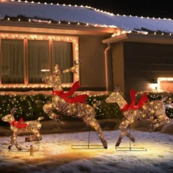 LuxenHome 3-Piece Natural And Plastic Rattan Running Reindeer Holiday Decoration Set With Lights Brown -Garden GUEST a64d6a2c 1444 4407 922d ee248a26d1b3