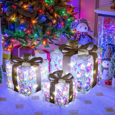 LuxenHome 3-Piece Prism Gift Boxes With Gold Ribbon Holiday Decoration With Lights Multicolored, Gold, White 6 LuxenHome 3-Piece Prism Gift Boxes With Gold Ribbon Holiday Decoration With Lights Multicolored, Gold, White - Image 4