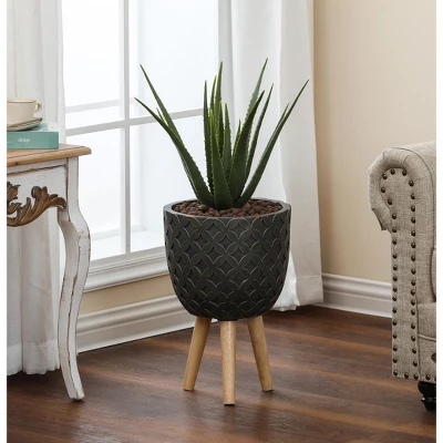LuxenHome Butterfly Embossed Brown 12.3" Round MgO Planter With Wood Legs 3 LuxenHome Butterfly Embossed Brown 12.3" Round MgO Planter With Wood Legs