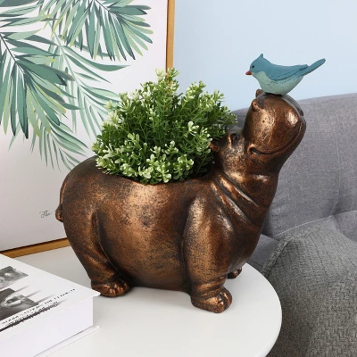 LuxenHome Brown Hippo And Blue Bird MgO Flower Pot Planter 3 LuxenHome Brown Hippo And Blue Bird MgO Flower Pot Planter