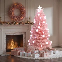 LuxenHome 6Ft Pink Cherry Blossom Christmas Tree With Fiber Optic Lights & Snowman Star Topper -Garden GUEST a922590f 5c24 430b b929 0d71b27302ef