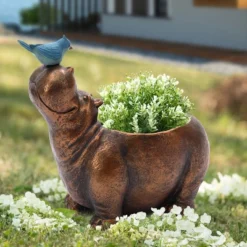LuxenHome Brown Hippo And Blue Bird MgO Flower Pot Planter 27 LuxenHome Brown Hippo And Blue Bird MgO Flower Pot Planter -Garden GUEST a9f59e61 32de 4486 b493 1064a08ea1b1