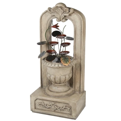 LuxenHome 40.35 In. H Arched Cement Urn With Metal Flowers Outdoor Fountain Beige 5 LuxenHome 40.35 In. H Arched Cement Urn With Metal Flowers Outdoor Fountain Beige - Image 3