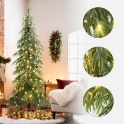 LuxenHome 7.5Ft Pre-Lit Slim Artificial Cedar Christmas Tree With Metal Stand Green