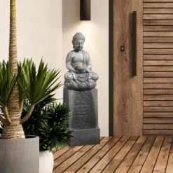LuxenHome Gray Resin Meditating Buddha On Column Outdoor Fountain With LED Light