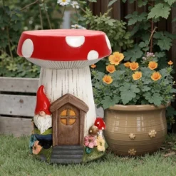 LuxenHome Outdoor Side Table, 17" Gnome Mushroom Cement Patio End Table,Indoor And Outdoor Sculpture Accent Side Table,Garden Decor Stool White -Garden GUEST ae245d07 df33 475d b0ce 4679fccd1cf5