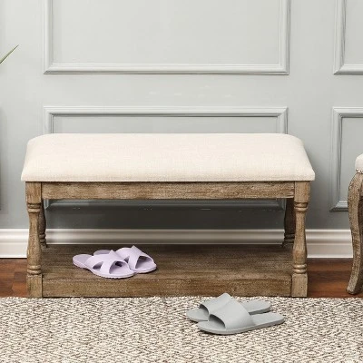LuxenHome Upholstered Beige Linen Entryway And Bedroom Bench. 6 LuxenHome Upholstered Beige Linen Entryway And Bedroom Bench. - Image 4