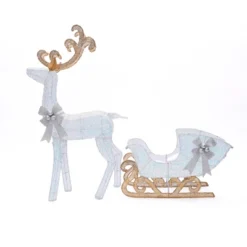 LuxenHome 2-Piece White Reindeer And Sleigh With Silver Bow And Ornaments Outdoor Holiday Decoration With Lights White, Multi, Silver, Brown -Garden GUEST af77a94e 91ae 4525 974a b5a5716cecb6