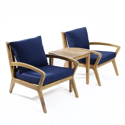 LuxenHome Outdoor Acacia Wood Side Table And Set Of 2 Armchairs With Blue Cushions 11 LuxenHome Outdoor Acacia Wood Side Table And Set Of 2 Armchairs With Blue Cushions - Image 9