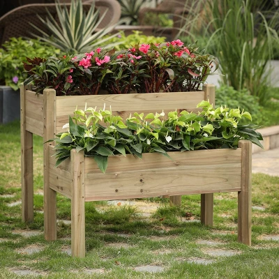 LuxenHome Natural Wood 2-Tier Raised Garden Bed 3 LuxenHome Natural Wood 2-Tier Raised Garden Bed