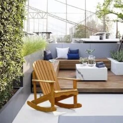 LuxenHome Natural Brown Wood Outdoor Adirondack Rocking Chair -Garden GUEST b355b6c0 21b1 4ea5 84da 8475f430cc15