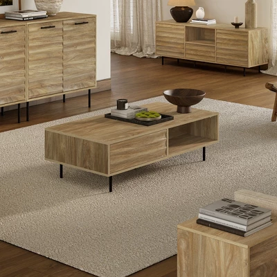 LuxenHome Mid-Century Modern Coffee Table, Wave Design Wood Table With Metal Legs, Drawer & Shelf, Farmhouse Accent Table For Living Room Brown 4 LuxenHome Mid-Century Modern Coffee Table, Wave Design Wood Table With Metal Legs, Drawer & Shelf, Farmhouse Accent Table For Living Room Brown - Image 2