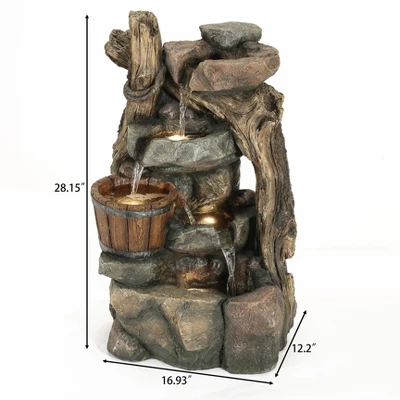 LuxenHome Resin Stacked Rock Wall And Barrel Outdoor Fountain With Lights Brown 6 LuxenHome Resin Stacked Rock Wall And Barrel Outdoor Fountain With Lights Brown - Image 4