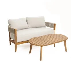 LuxenHome Outdoor Acacia Wood With Rope Sides Club Loveseat With Cushions And Coffee Table -Garden GUEST b755ddd1 11c9 434c b07a 8b3d08cee5be
