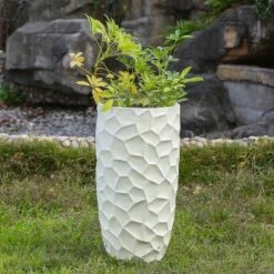 LuxenHome White MgO Geometric Pattern 22" Tall Round Planter -Garden GUEST b7595511 1ba9 430a a19e 00761c0e8d04