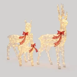 LuxenHome 3-Piece Deer Family Outdoor Holiday Decoration Set With Lights And Timer White, Red -Garden GUEST b7f73afd 1250 4d36 baee f92a27531745