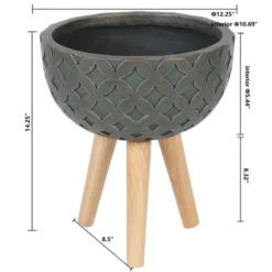 LuxenHome Butterfly Embossed Brown 12.25" Round MgO Planter With Wood Legs -Garden GUEST b9baed17 1572 4024 b829 fa09ed401d49