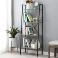 LuxenHome 4-Shelf 58.3" X 23.62" W Wood And Metal Ladder Bookcase. -Garden GUEST bc80e133 557d 4efd 8608 60a678f31d50
