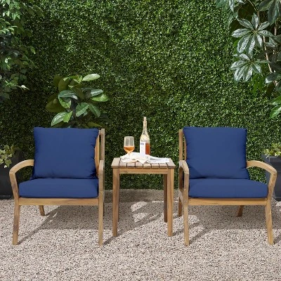 LuxenHome Outdoor Acacia Wood Side Table And Set Of 2 Armchairs With Blue Cushions 5 LuxenHome Outdoor Acacia Wood Side Table And Set Of 2 Armchairs With Blue Cushions - Image 3