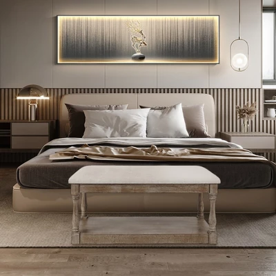 LuxenHome Upholstered Beige Linen Entryway And Bedroom Bench. 3 LuxenHome Upholstered Beige Linen Entryway And Bedroom Bench.