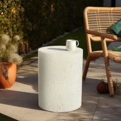 LuxenHome White And Speckled Gray Cement Round Indoor Outdoor Side Table