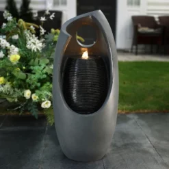 LuxenHome 28.5" Gray Resin Curve Column Sculpture Outdoor Water Fountain With Lights, Garden Waterfall Fountains Indoor And Outdoor Use